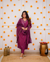 Wine Viscose Chanderi Embroidered Salwar Suit With Pant Dupatta
